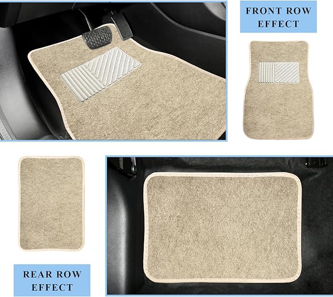 4PCS Car Floor Mats, Waterproof Non-Slip Car Floor Liners with Safety Heel Pad, All-Weather Wear-Resistant Mats Heavy Duty Universal Carpets for Truck SUV Van Sedan (Beige)