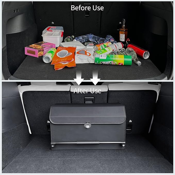 XCF Car Trunk Organizer, Push-pull Handle, Leather Collapsible 2 Compartments Car Organizers with Lid, Car Trunk Storage Organizer, Suitable for All Kinds of Cars, SUV, Minivan (Large, Black)