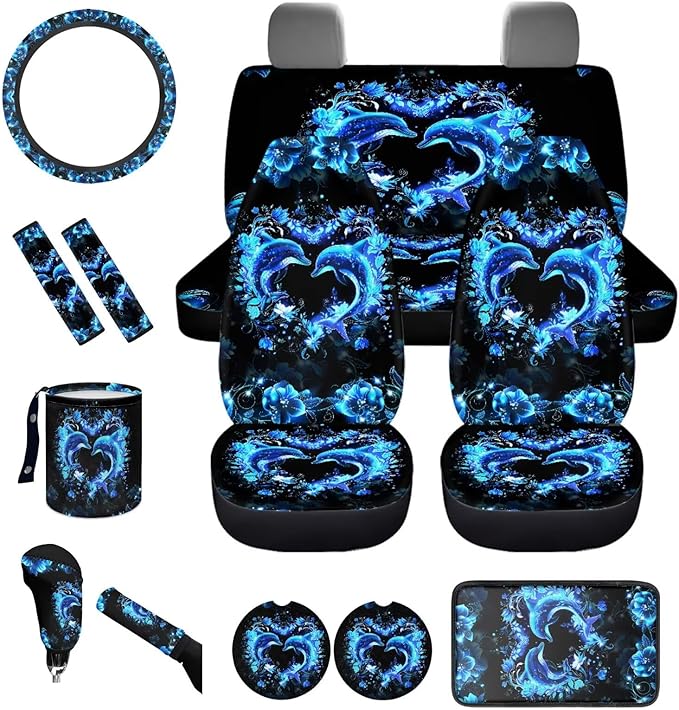 Dngkaoje Neon Dolphin Car Seat Covers Full Set 13 Pcs Auto Seat Accessories with Blue Dolphin Print Hanging Trash Bag,Seatbelt Shoulder Pads,Universal Auto Front and Rear Split Bench Seat Covers Set