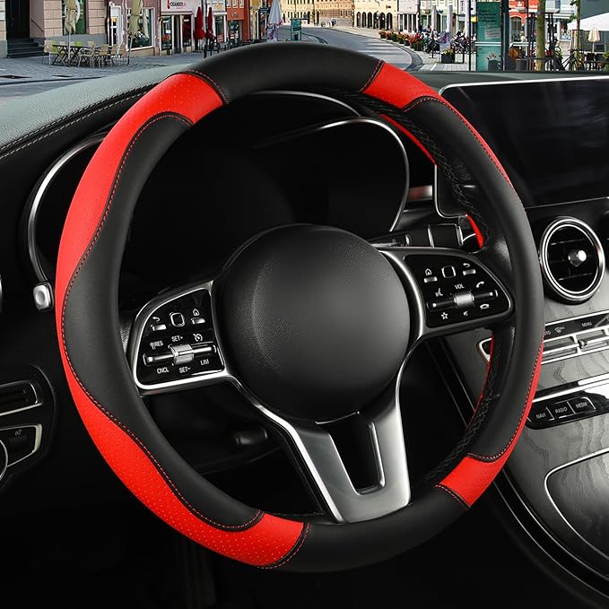 Binsheo Microfiber Leather Steering Wheel Cover Large Size for Ford F150 F250 F350 RAM 4Runner Tacoma Tundra Armada Model S Model X, Breathable, Anti Slip, 15.5 inch to 16 inch, Black with Red