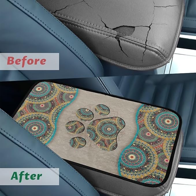 Bulopur Boho Dog Paw Prints Auto Armrest Console Accessories Flannel Center Console Cover Warmth Car Console Covers Protect from Pet Claws Fit Most Car, Truck, SUV, or Van