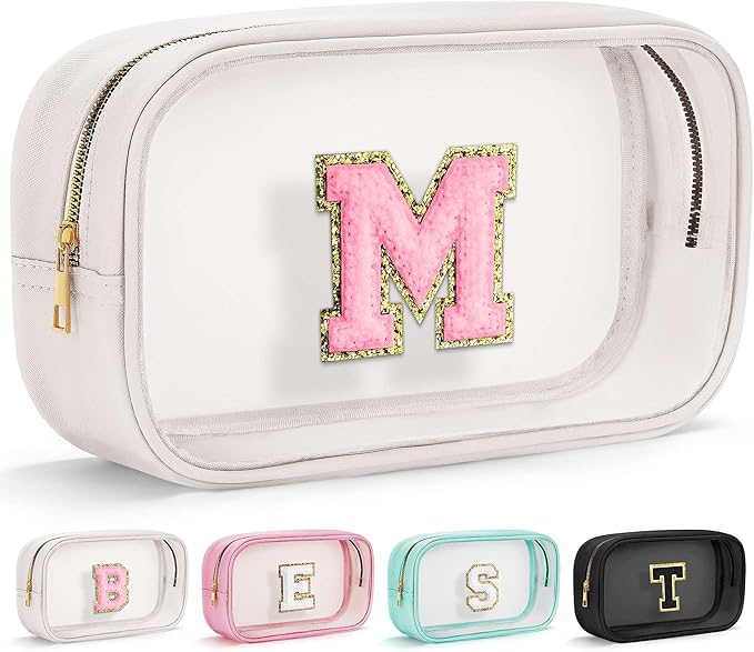 YOOLIFE Initial Make Up Bag Travel Toiletry Bag, Clear Makeup Bag Preppy Cosmetic Bag Girlfriend Teacher 6 Year Old Girl Gifts Valentines Gifts Swim Gifts For Girls White M