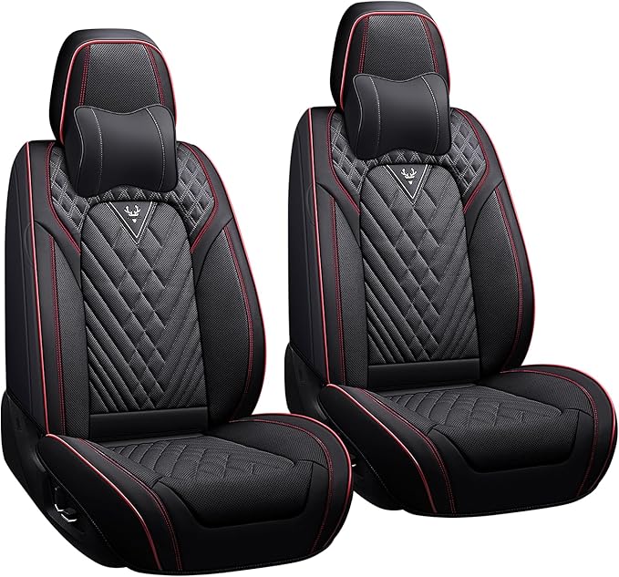 LPDK Fit for Kia Sportage Car Seat Covers Front Set 2pcs with Waterproof Leather,Lumbar Muscle Pain Healing Function,Airbag Compatible Automotive Breathable Seat Protectors(Black Red with Pillow)