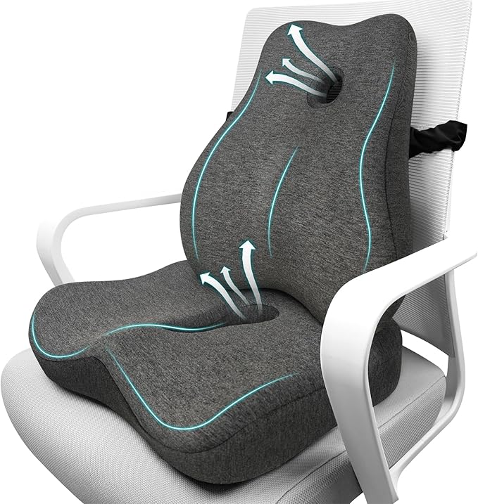 JIPORIER Seat Cushion & Lumbar Support Pillow Set for Office Chair, Ergonomic Pillow for Sciatica Pain Relief, Memory Foam Back Support Pillow & Chair Cushion for Car seat, Desk Chair (Grey)
