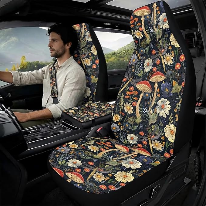 Oramclsy Mushroom 5 Pack Car Seat Covers Full Set with PU Breathable Armrest Pad PU Breathable Seat Belt Covers Universal Size Car Accessories