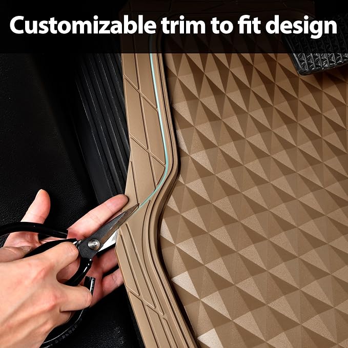 CAR PASS Heavy Duty Rubber Beige Car Floor Mats & Cargo Liners, Deep Dish All-Weather Trunk Mats Durable Anti-Slip 3D Rhombus Waterproof Trim to Fit Liner Universal Fit Auto,Sedan,SUV,Truck, Beige