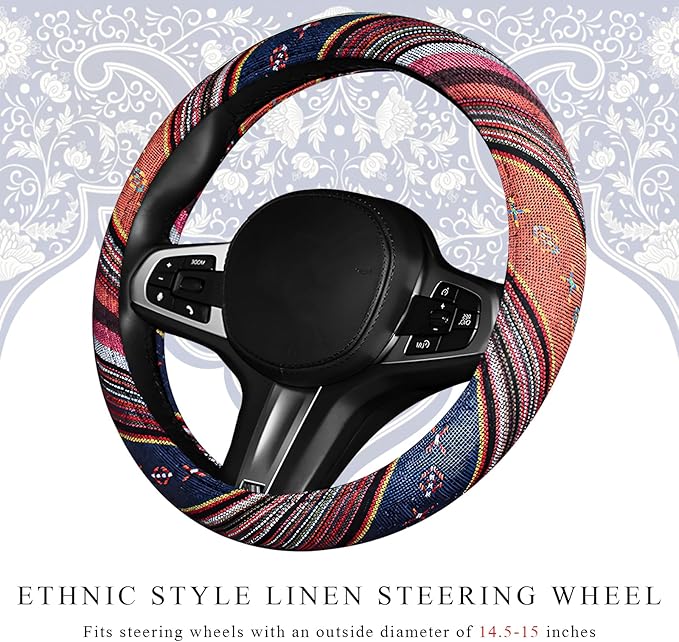 Boho Car Steering Wheel Cover, Ethnic Style Anti-Slip Coarse Flax Cloth Auto Wheel Cover, Bohemian Steering Wheel Protector for Most SUVs Vans Trucks, Car Accessories (Style C)