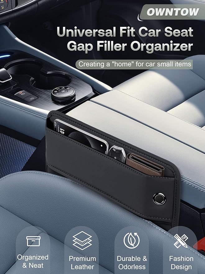 Owntow Universal Fit Car Gap Filler, Premium Leather Seat Gap Filler Organizer, Car SUV Truck Essentials (Black, 1 Pack)