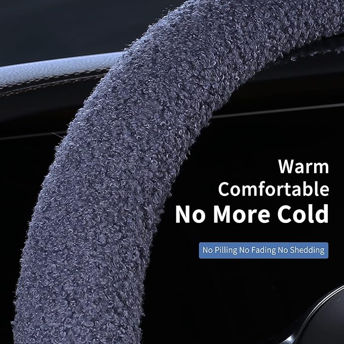 Furry Winter Car Steering Wheel Cover for Women, Soft Fleece Short Plush Warm Universal Auto Accessories for Vehicle, Sedan, Fuzzy, Anti Slip, Blue, Standard Size, 14.75-15.15in