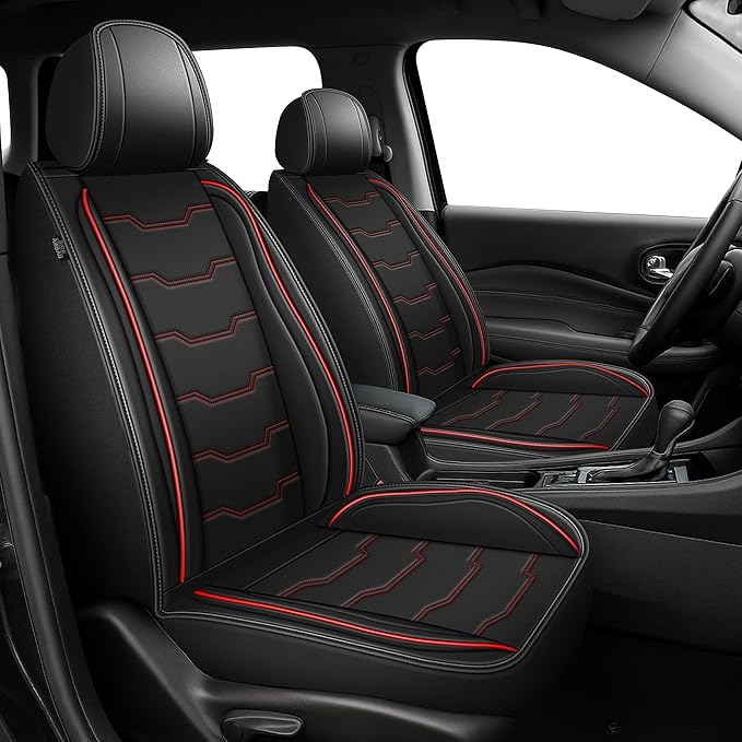 DISUTOGO Seat Covers Fit for Juke 2011-2017 Seat Covers Full Set Car Seat Covers Faux Leather Breathable Waterproof Car Seat Protector (5 Seats, Black&Redline)