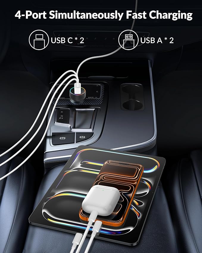 Car Charger USB C, 2 Pack 4-Port 90W Fast Charging Car Phone Charger Accessories Dual USB-C & USB-A Cargador Carro Cigarette Lighter Adapter for iPhone 17 16 15 14 13 12, iPad, Galaxy, Tablet, Android