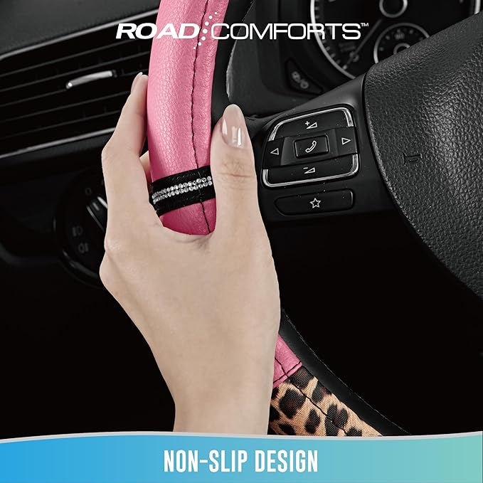 Road Comforts Leopard Steering Wheel Cover - Made with PVC Leather Cheetah Print - Anti-Slip, Universal Fit 14 1/2 inches to 15 inches - Pink