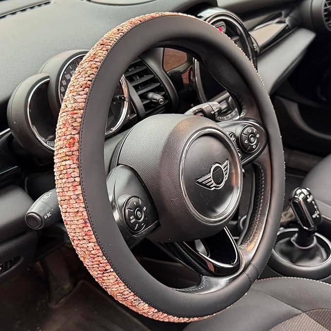 PINCTROT Large Size Chenille Leather Steering Wheel Cover, Soft Mottled Colors, Sweat-Proof, Non-Slip Grip, All-Season Comfort, 15.5-15.75 Inch(Mottled Red)