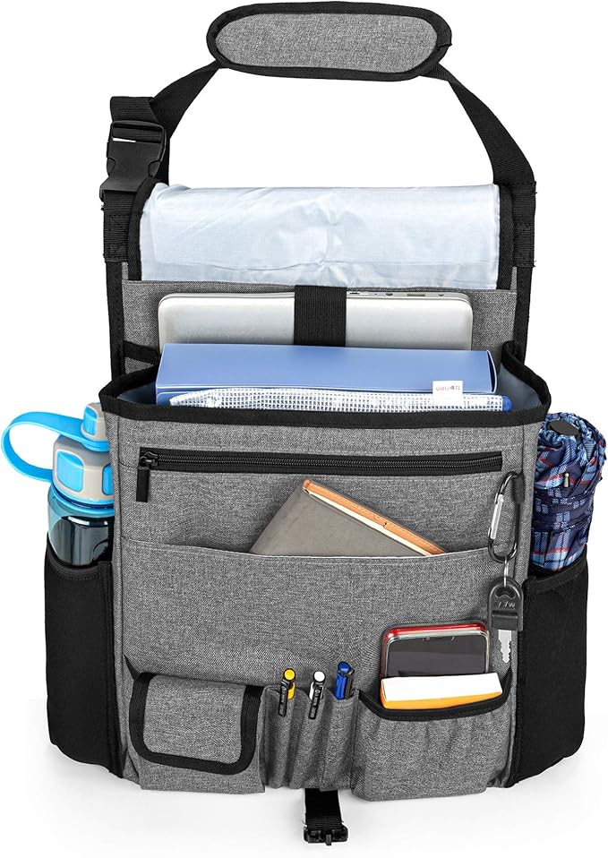 LUXJA Car Front Seat Organizer with Cover and Laptop Sleeve, Car Seat Organizer with Back Adjustable Straps, Gray