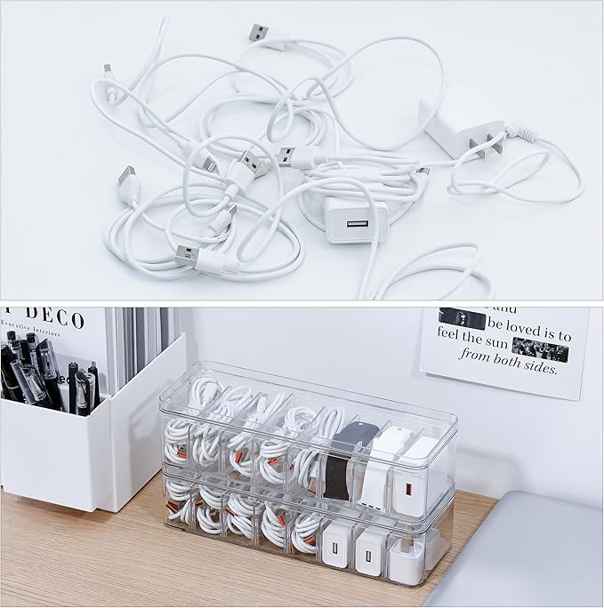 Cord Storage Organizer for Desk Drawer, Plastic Adjustable Cable Organizer Box with Lid and Wire Ties, Clear Phone Charger Case for Home Office