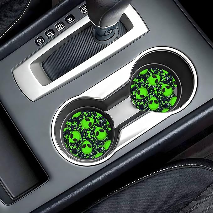 HUWAAI Alien Glaxy Sky Green Car Cup Holder Coasters 2 Pack Universal 2.63 Inch Anti Slip Ceramic Absorbent Coaster with Cork Base and Finger Notch Cute Car Accessories Interior for Women