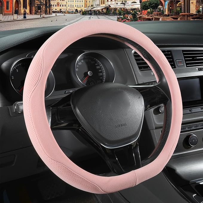 Pink Suede D Shaped Steering Wheel Cover, Breathable Non-Slip Sweat-Proof Wear-Resistant No Pilling, Warm in Winter and Cool in Summer, Universal 15 inch