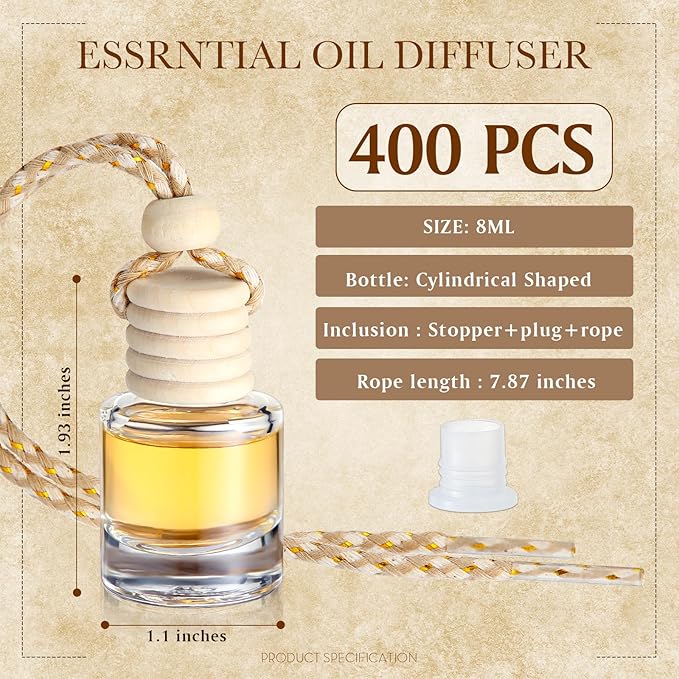 Zubebe 400 Pcs Hanging Car Air Freshener Diffuser Bottles Empty Bulk 8ml Clear Glass Essential Diffuser Oil Pendant Bottle Refillable Automotive Aromatherapy Fragrance Perfume Containers, Cylindrical