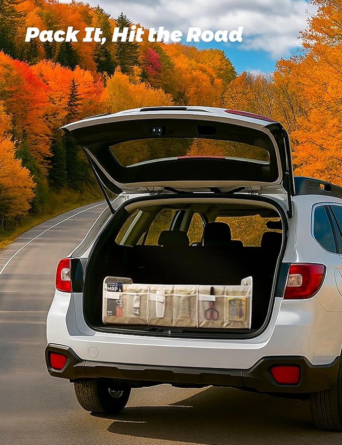 LumiRakuen Collapsible Car Trunk Organizer Storage with Removable Lid, Long-lasting 1680D fabric, 3.5mm PP Panels, Multi-Compartment, No Sliding Bottom, 2 Adjustable Straps for SUV,Tesla (XL,Cream)