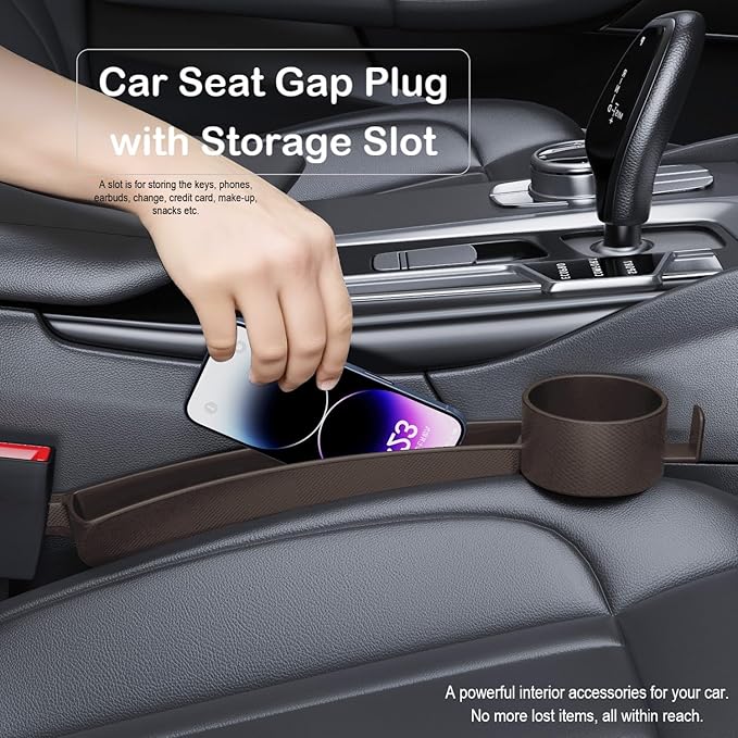 Car Seat Gap Plug with Storage Slot, Auto Gap Filler Organizer with Cup Holder, Universal Carseat Side Gap Filler Strip 2 Pack Between Front Seats & Console, Anti-Drop Pad with Seatbelt Holes, Brown