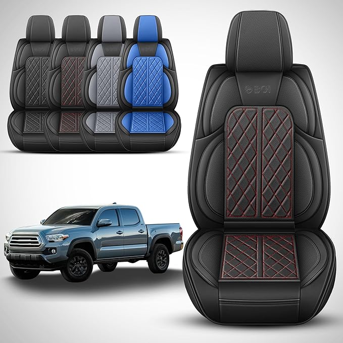 DuDuWang Car Seat Covers Custom Fit for Toyota Tacoma 2016-2023 Breathable Waterproof Faux Leather Protective Seat Cover with Pickup Truck (Black Redline, Full Set)