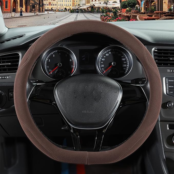 Brown Suede D Shaped Steering Wheel Cover, Breathable Non-Slip Sweat-Proof Wear-Resistant No Pilling, Warm in Winter and Cool in Summer, Universal 15 inch