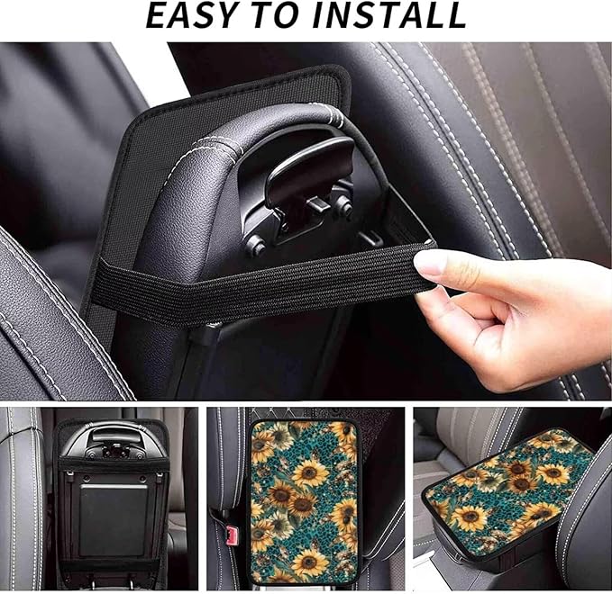 Sunflower Leopard Print Center Console Armrest Cover Flower Floral Arm Rest Seat Box Covers Protector Blue Vintage Car Decor Accessories Padding for Most Cars Sedans Vans Truck SUVs