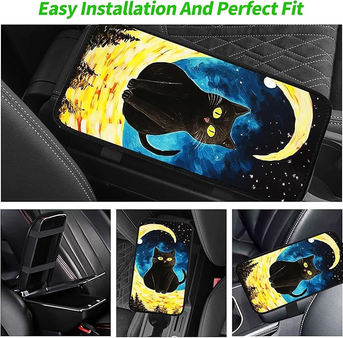 JANENFNA Car Armrest Cover Pads Universal Fashion Cute Auto Center Console Armrest Cover Pad with 2PCS Car Coasters Soft Waterproof Car Armrest Seat Protector for Women,Moon Cat