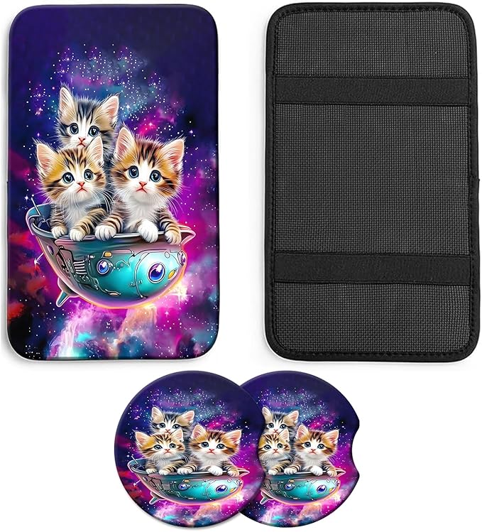 JANENFNA Car Armrest Cover Pads Universal Fashion Cute Auto Center Console Armrest Cover Pad with 2PCS Car Coasters Soft Waterproof Car Armrest Seat Protector for Women,Cute Cat in Spaceship