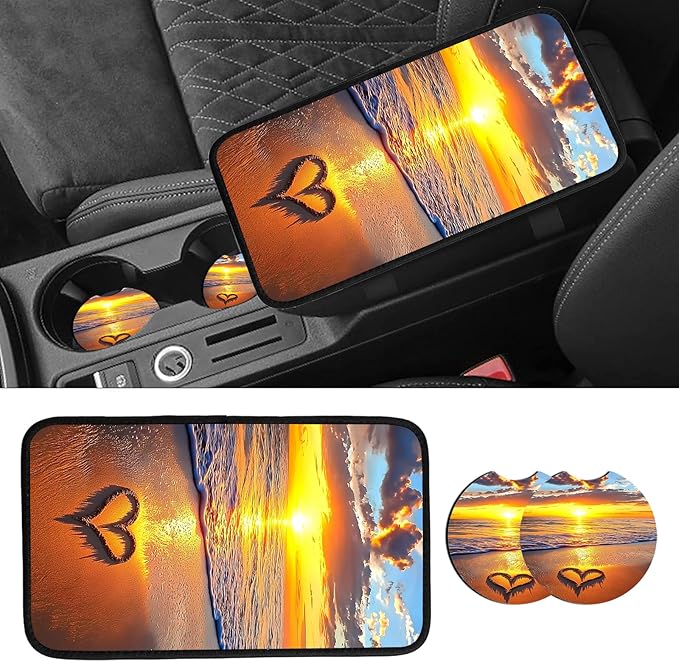 JANENFNA Car Armrest Cover Pads Universal Fashion Cute Auto Center Console Armrest Cover Pad with 2PCS Car Coasters Soft Waterproof Car Armrest Seat Protector for Women,Sunset Heart Beach