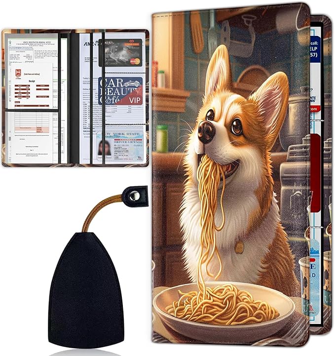 Car Registration and Insurance Card Holder for Women Men, Waterproof PU Leather Glove Box Car Organizer with Magnetic Shut, Vehicle Document Holder for Driver License,Cards, Corgi Dog Eating Ramen