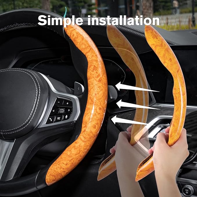 Amiss Car Wood Grain Steering Wheel Cover, Car Interior Accessories, 2PCS Segmented & Butterfly Design, Universal 99% Vehicle Wheel Cover Protector (Yellow)