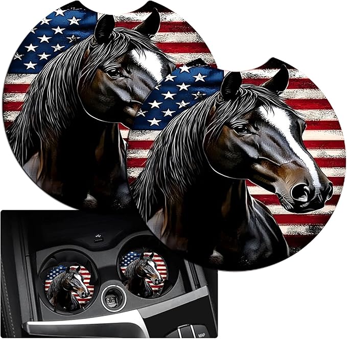 JANENFNA Car Armrest Cover Pads Universal Fashion Cute Auto Center Console Armrest Cover Pad with 2PCS Car Coasters Soft Waterproof Car Armrest Seat Protector for Women,Flag and Black Horse