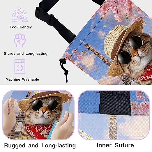 UUCBTAH Car Trash Bag Funny Cat and Eiffel Tower Car Garbage Bag Waterproof Car Trash Can for Back Seat with Adjustable Straps and Drawstring, Foldable Car Trash Bin for Car Accessories