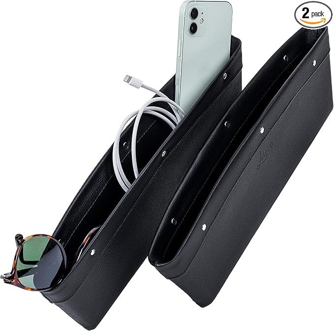 Lusso Gear Car Seat Gap Filler Organizer - 2-Pack Water-Resistant Storage for Auto Accessories - Universal Fit for Travel Essentials - Secure Spacer Organizes Car Essentials - Vegan Leather, Black