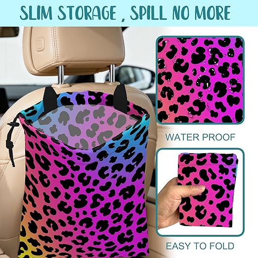 KXWQTRDD Car Garbage Bag Rainbow Cheetah Leopard Print Drawstring Car Trash Bag Hanging for Back Seat with Adjustable Buckle Canvas Vehicle Trash Can Easy-to-Install