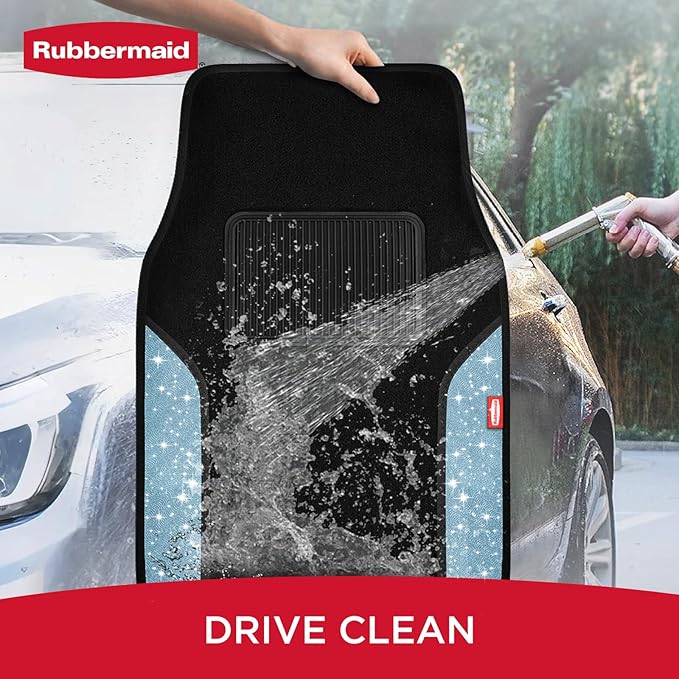 Rubbermaid Bling Car Mats, Carpeted Floor Car Mat with Faux Leather & Built-in Heel Pad, Two-Tone Car Rug Floor Mats, Stylish Carpeted Floor Mats for Cars, Trucks & SUVs Glitter Blue Color