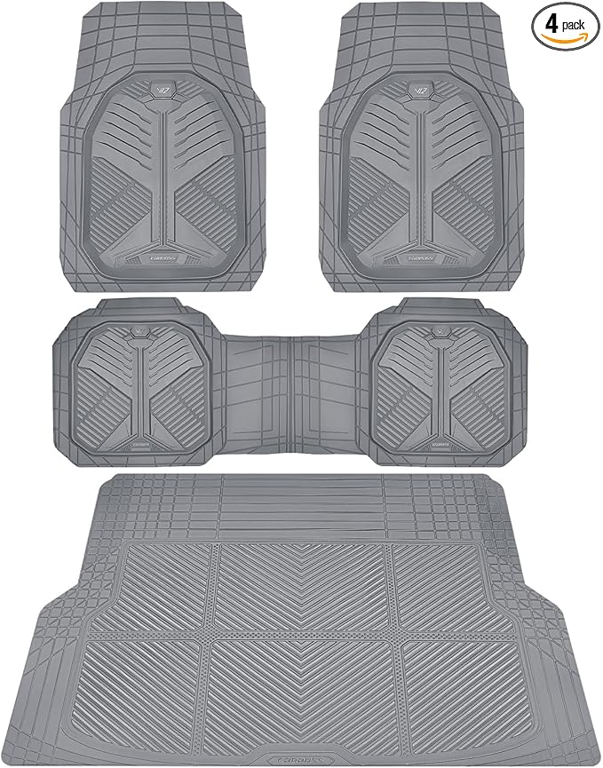 CAR PASS Heavy Duty Rubber Car Mats with Cargo Liner, Deep-Dish Car Floor Mats and Trunk Mat All Weather, Universal Trim-to-Fit for SUVs Trucks Sedans, Waterproof Anti-Slip, Trimmable V12 Gray
