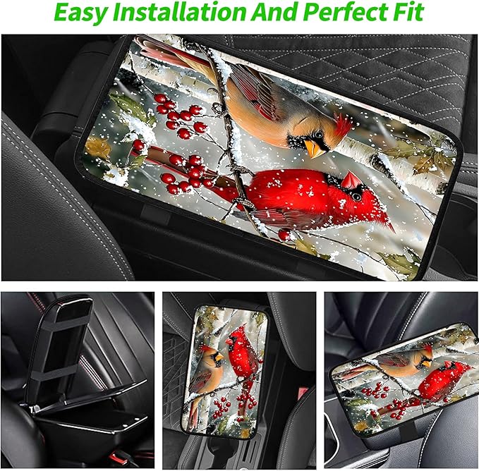 JANENFNA Car Armrest Cover Pads Universal Fashion Cute Auto Center Console Armrest Cover Pad with 2PCS Car Coasters Soft Waterproof Car Armrest Seat Protector for Women,Snowy Cardinals
