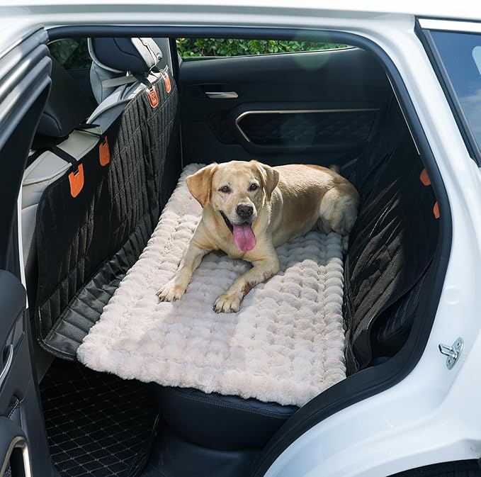AEEISHOMEREFORM Dog Car Seat Cover for Back Seat, Plush Dog Bed Mat for Car, Fit for Backseat Extenders, Travel Pet Mat, Nonslip Soft Pet Pad for Cars Trucks and SUVs (Khaki, 24.8x54 inch)