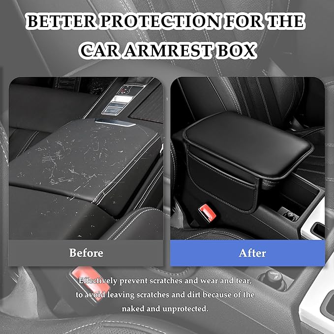 Stacool Center Console Cover with Storage Bag,Leather Comfort Armrest Cover for Car Decorations & Height Car Armrest Cushion,Universal Car Arm Rest Cover Pad for Most Vehicles (Black)