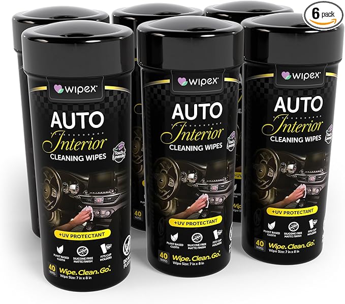 Wipex Auto Interior Car Cleaning Wipes - Plant Based Car Wipes - Lavender Essence, UV Protectant, Safe for Vinyl, Rubber, Plastic, Leather, Chrome, Non-Greasy Matte Finish, 40 Count (Pack of 6)