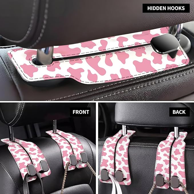 AXBSAKDI Car Seat Back Storage Headrest Hook, Premium Leather Double Metal Hook, Hanger Storage Organizer for Purse Cloth Bag, Car Interior Accessories Pink Cute Cowhide