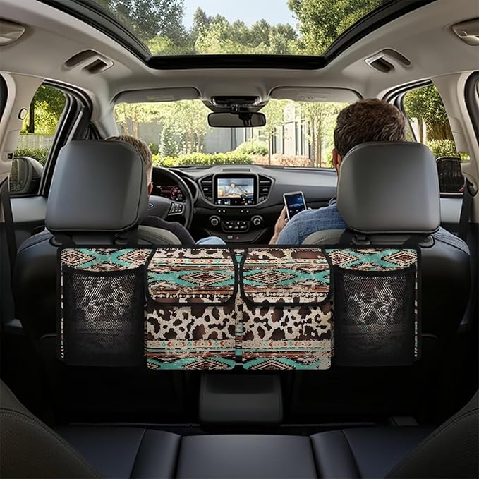 Aztec Cow Car Backseat Trunk Organizer with 4 Pockets Hanging Cargo Bag Multipurpose Trunk Storage Bag with 3 Adjustable Buckles