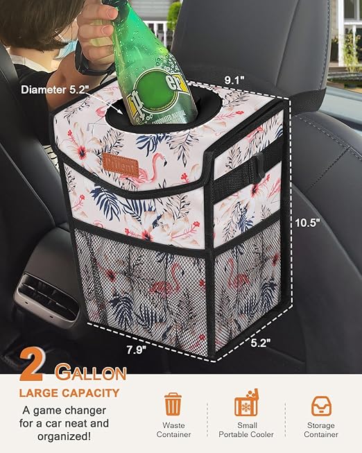 Pritent Car Trash Can with Lid, Cute Leakproof Car Trash Garbage Bag Hanging Vehicle Trash Bin Small Portable Automotive Garbage Cans Organizer for Back/Front Seat(Trapezoid,Flamingo Print