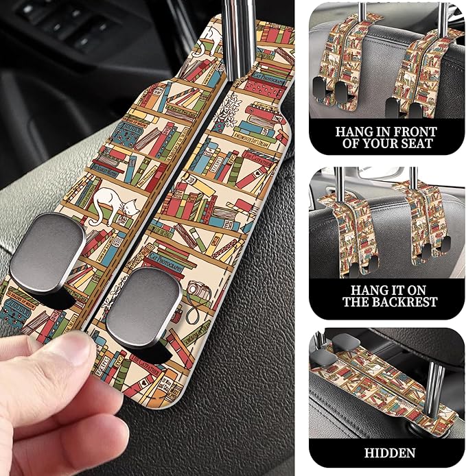 AXRQLSU PU Leather Car Seat Hook, Storage Headrest Hanger, Cute Car Backseat Organizer, Car Hooks For Purses and Bags Vintage Bookshelf Pattern