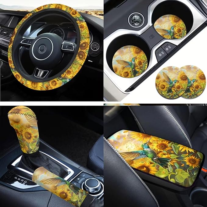 Hummingbird Print Steering Wheel Cover Car Accessories for Women Yellow Sunflower Car Interior Decor Cup Coaster Cars Armrest Cover Suit for Most SUV Vans Trucks