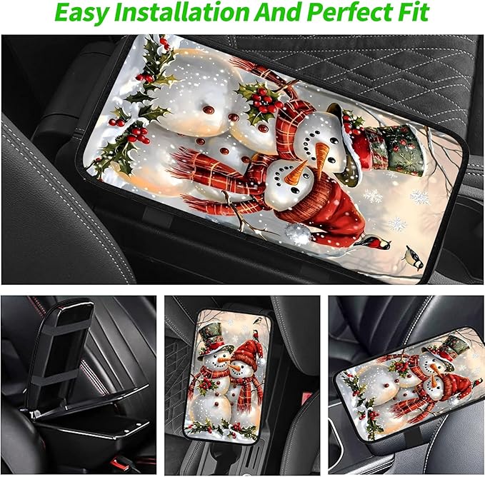 JANENFNA Car Armrest Cover Pads Universal Fashion Cute Auto Center Console Armrest Cover Pad with 2PCS Car Coasters Soft Waterproof Car Armrest Seat Protector for Women,Christmas Snowmen