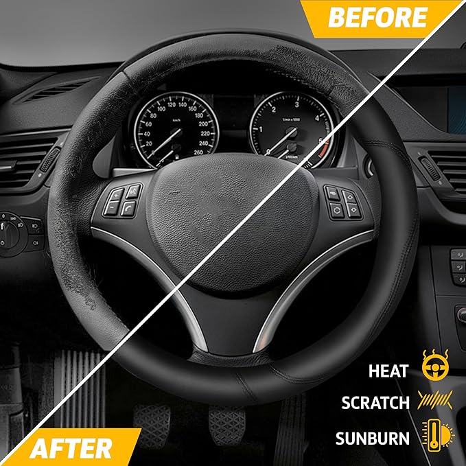 EcoNour Car Steering Wheel Cover | Premium & Durable PU Leather with Anti-Slip Design | Universal Fit 14.5" - 15" Steering Wheel Cover | Car and Truck Accessories - Black