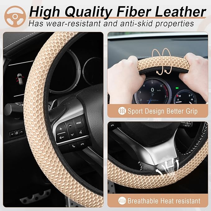 Alpmosn Elastic Stretch Steering Wheel Cover, Breathable Microfiber Ice Silk, Anti-Slip, Car Interior Accessories Fits for 14"-15" Steering Wheel Covers for Women & Men(Beige)